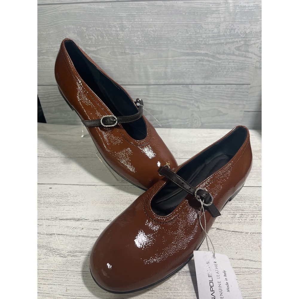 Napoleoni Italian Cognac Patent Leather Mary Jane Flats Rhinestone Buckle SZ 37 - Picture 3 of 7